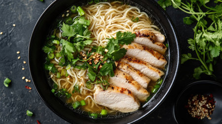 Top view of a ramen bowl with a clear chicken broth, thin noodles, and tender chicken slices, garnished with fresh herbs.の素材