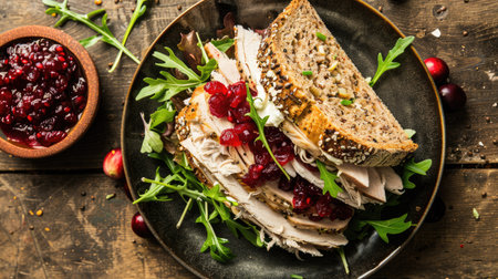 Top view of a turkey cranberry sandwich with roasted turkey, cranberry sauce, and cream cheese on multigrain bread, accompanied by a small salad.の素材