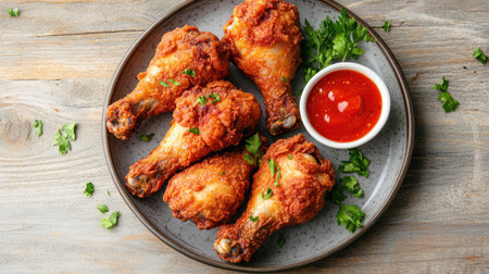 Top view of a serving of fried chicken drumsticks arranged on a plate with a side of hot sauce.の素材