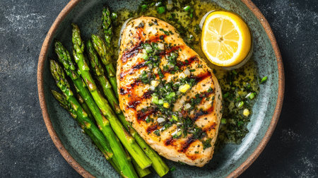 Top view of a serving of grilled chicken breast topped with a lemon herb sauce and served with asparagus.の素材