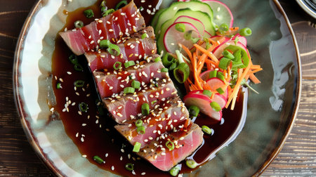 Top view of a plate of tuna tataki with a soy ginger glaze, garnished with sesame seeds and served with a side of pickled vegetables.の素材