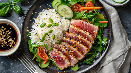 Top view of a plate of seared tuna with a sesame soy glaze, served with a side of steamed jasmine rice and fresh vegetables.の素材