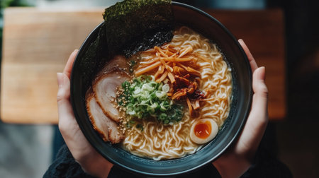 Top view of a ramen bowl with tonkotsu broth, ramen noodles, and a variety of toppings like chashu pork and nori.の素材