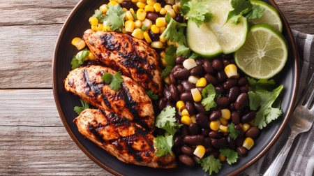Top view of a serving of grilled chicken breast with a spicy chipotle sauce, served with black beans and corn.の素材
