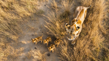 Top view of a lioness teaching her cubs to hunt, demonstrating stalking techniquesの素材