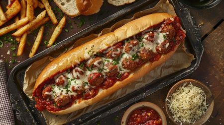 Top view of a meatball sub with marinara sauce and melted provolone cheese on a toasted hoagie roll, served with a side of garlic breadsticks.の素材
