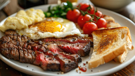 Steak and eggs served with toast and a side of hash browns for breakfastの素材