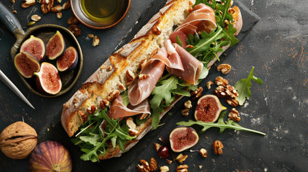 Top view of a prosciutto and fig sandwich with arugula and brie cheese on a baguette, served with a side of mixed nuts and dried fruits.の素材