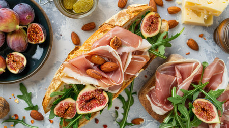 Top view of a prosciutto and fig sandwich with arugula and brie cheese on a baguette, served with a side of mixed nuts and dried fruits.の素材