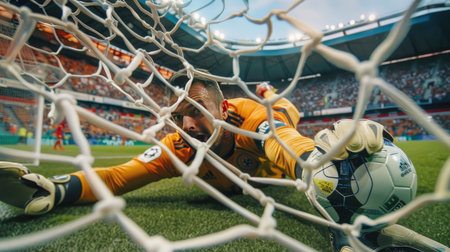 Soccer goalkeeper making a diving save during a matchの素材