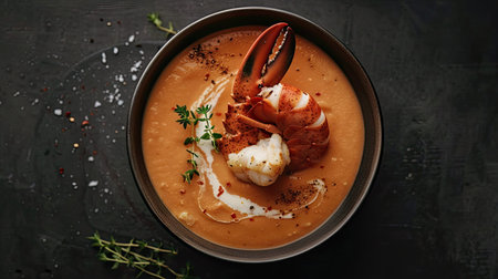 Top view of a rich lobster bisque, with a swirl of cream and a sprig of thyme, on a dark backgroundの素材