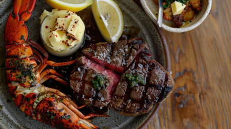 Steak and lobster served with a side of drawn butter and lemon wedgesの素材