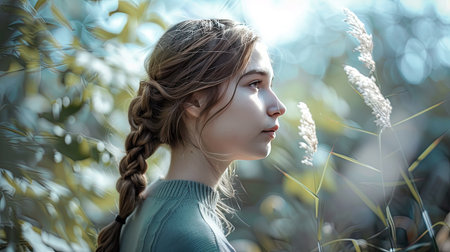 A girl with a fishtail braid, looking serene in a natural outdoor settingの素材