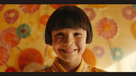 A boy with a bowl cut hairstyle, smiling in a playful environmentの素材