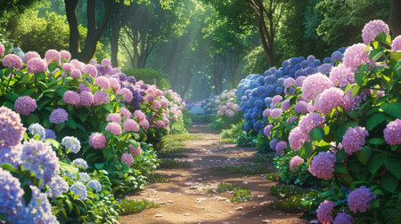 A garden path lined with blooming pastel hydrangeas, creating a picturesque and inviting sceneの素材