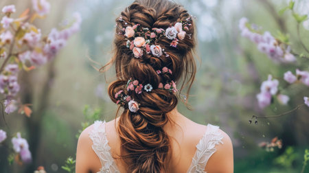 A woman with a half-up, half-down hairstyle, adorned with floral accessoriesの素材