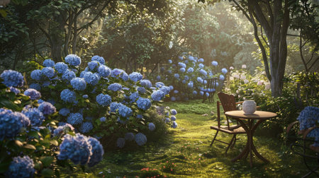 A charming garden setting with blooming blue hydrangeas, surrounded by lush greenery and soft summer lightの素材