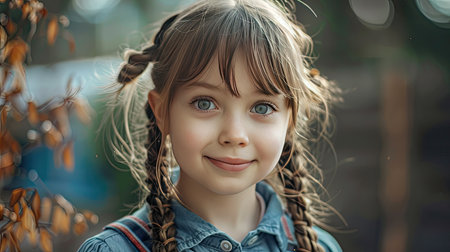 A girl with braided pigtails, looking adorable and playfulの素材