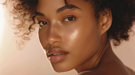 A woman with a flawless complexion and light, natural makeup, set against a soft backgroundの素材