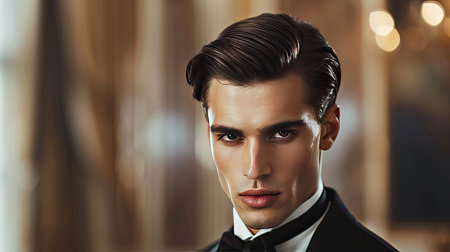 A man with a slicked-back hairstyle, perfect for a professional or formal settingの素材