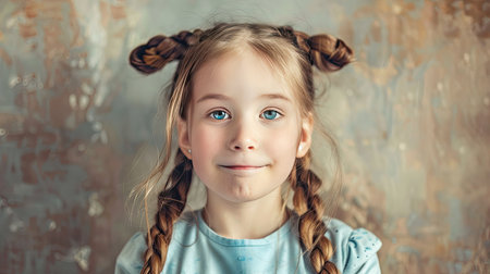 A girl with braided pigtails, looking adorable and playfulの素材