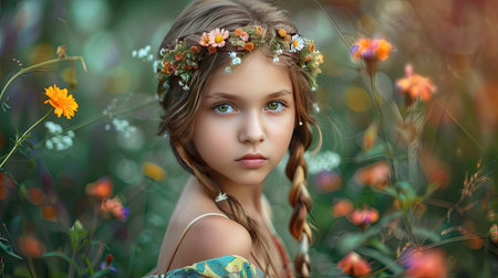 A girl with a crown braid, looking like a princess in a garden settingの素材