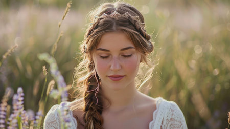 A woman with a half-up braided crown, perfect for a boho lookの素材
