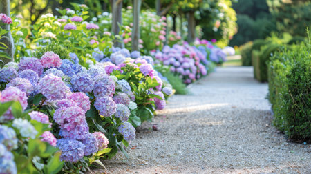 A garden path lined with blooming pastel hydrangeas, creating a picturesque and inviting sceneの素材