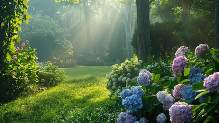 A serene garden scene with pastel hydrangeas blooming against a backdrop of lush greeneryの素材