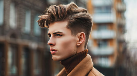 A man with a quiff hairstyle, demonstrating a stylish and modern lookの素材