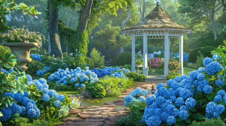 A picturesque summer garden scene with blue hydrangeas creating a colorful and elegant displayの素材