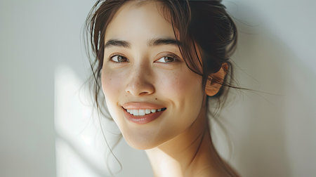A beautiful woman with flawless skin and minimal makeup, smiling softly against a white backgroundの素材