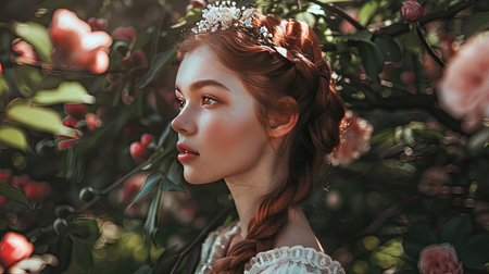 A girl with a crown braid, looking like a princess in a garden settingの素材