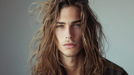 A man with long hair, styled in a loose and natural wayの素材