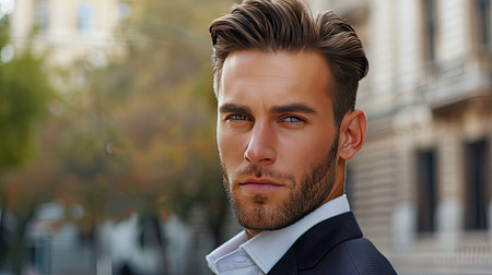 A man with a slicked-back hairstyle, perfect for a professional or formal settingの素材