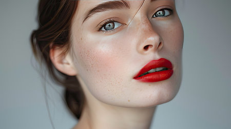 A close-up of a woman's face with a flawless complexion and bold red lipstickの素材