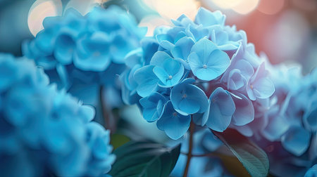 Artistic shot of blue hydrangea flowers with a blurred background, emphasizing their vivid blue tones and elegant formの素材