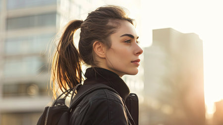 A woman with a sleek ponytail, ideal for both casual and professional settingsの素材
