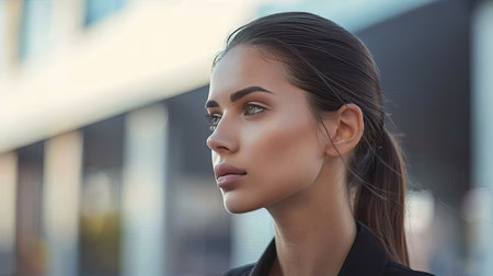 A woman with a sleek ponytail, ideal for both casual and formal settingsの素材