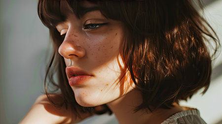 A woman with curtain bangs, adding softness to her faceの素材