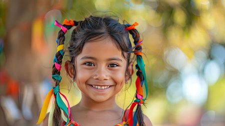 A young girl with pigtails tied with colorful ribbons, smiling in a parkの素材