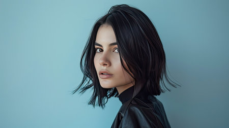 A woman with a sleek lob (long bob) hairstyle, exuding modern eleganceの素材