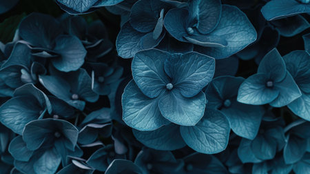 Artistic close-up of blue hydrangea flowers with a focus on their rich color and intricate petal structureの素材