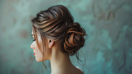 A woman with an elegant updo hairstyle, perfect for a formal event, standing against a soft backgroundの素材