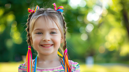 A young girl with pigtails tied with colorful ribbons, smiling in a parkの素材