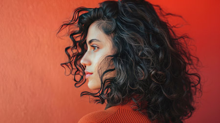 A woman with curly hair styled in loose, bouncy curls, looking over her shoulderの素材