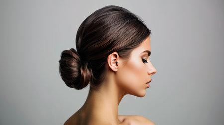 A woman with straight hair, styled in a low bunの素材