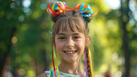 A young girl with pigtails tied with colorful ribbons, smiling in a parkの素材