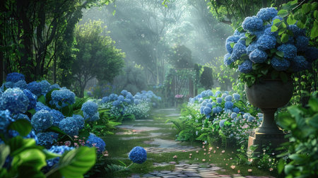 Charming summer garden scene featuring blue hydrangeas in bloom, surrounded by lush greenery and soft lightの素材