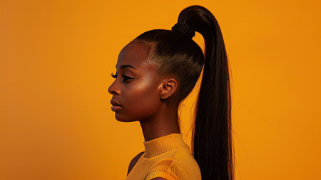 A woman with long, straight hair, styled in a high ponytailの素材